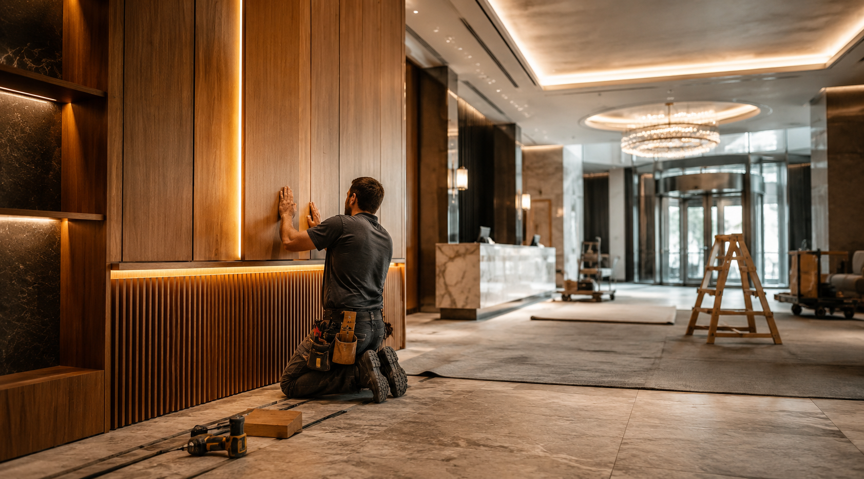 Innenausbau einer Hotellobby mit Schreinerarbeiten, koordiniert mit einem digitalen Bauzeitenplan.